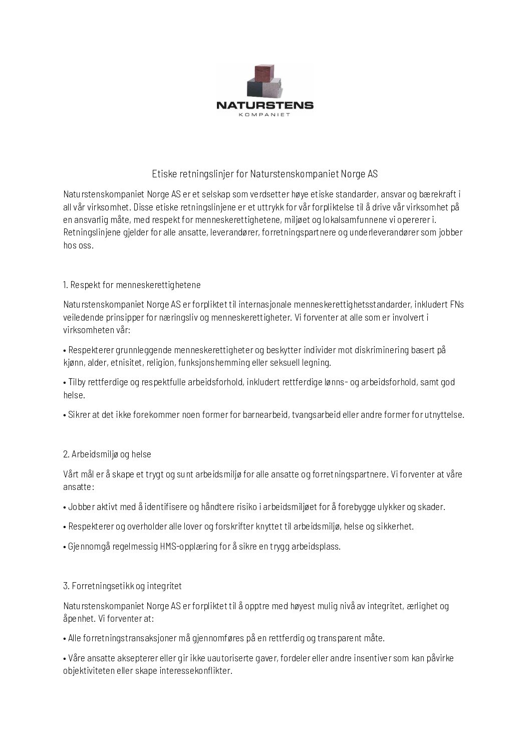 Etiske retningslinjer for Naturstenskompaniet Norge AS